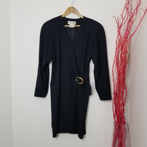 Vintage Dresses & Skirts - Nicole Neault Vintage Black Retro 100% Wool Bucklet Long Sleeve 80's Dress